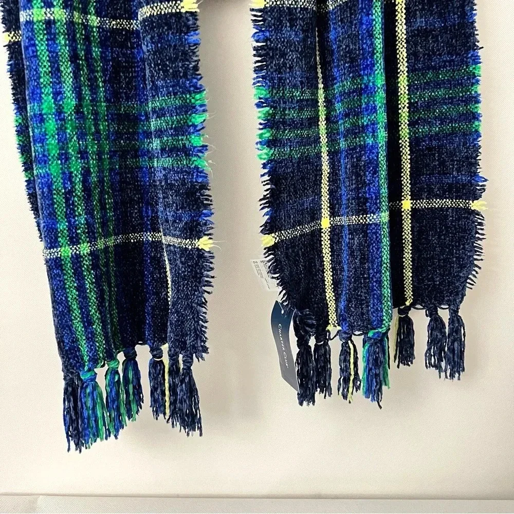 Charter Club Chenille Scarf Plaid Fringed Navy Blue Multicolored